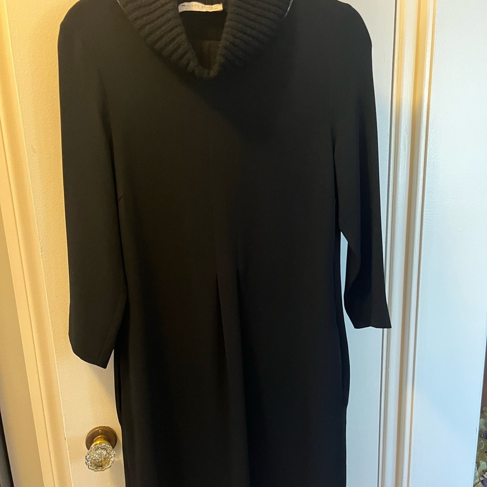 Elegant Black Dress with Ribbed Collar‎